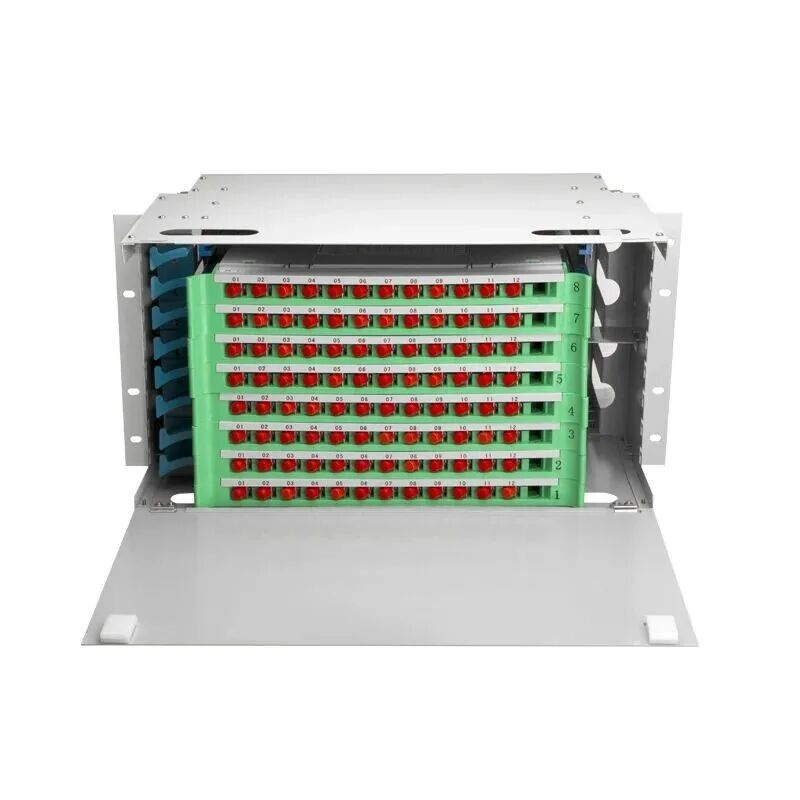 19-inch rack mount optical distribution frame with its drawer open, showing numbered LC adapter panels and blue slack spools