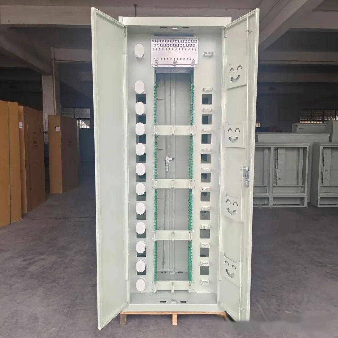 Hybrid optical-digital distribution frame with doors open, combining fiber ODF, copper DDF, and power unit in one cabinet
